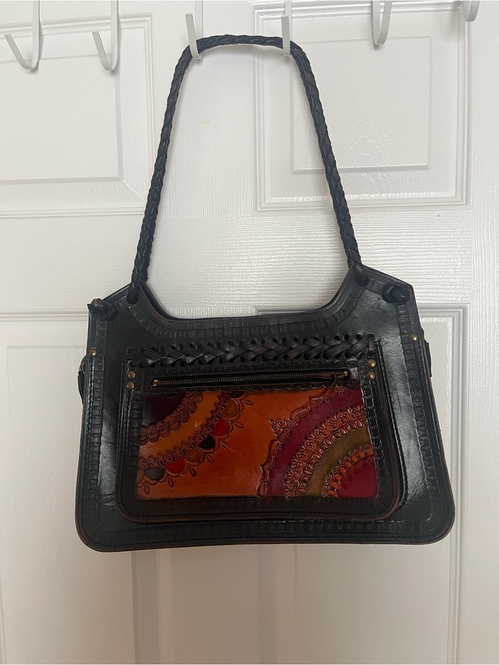 Black Leather Shoulder Bag with Multicolor Front Panel